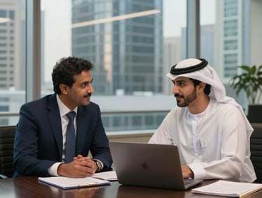 Two professional businessmen discussing a project on a laptop in a modern Dubai office.