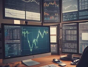 A clean workspace featuring multiple monitors displaying forex order blocks and liquidity zones.