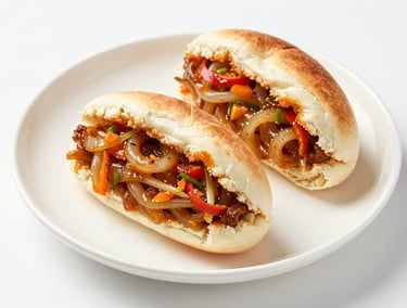 Vibrant food photography of a freshly sliced warm bun maska on a minimalist white ceramic plate.