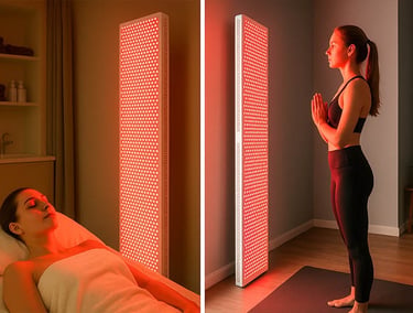 Red light therapy room with couch and full-body red light panels