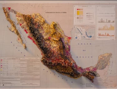 A 3D raised relief map of Mexico displaying land use capacity with topographical texture and data charts.