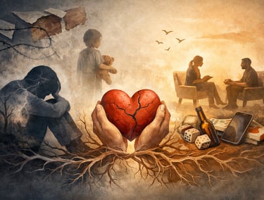 Therapeutic illustration representing trauma and addictive behaviors in the healing pro