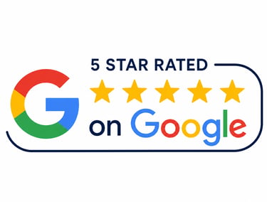 Official 5 star rated on Google badge featuring the Google logo and five gold stars for business reviews.