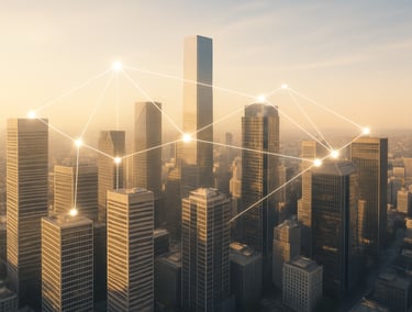 Bright cityscape with clear, glowing network lines showing connected digital ecosystems.