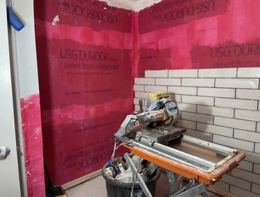 in progress bathroom rneovations with tile saw