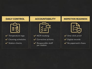Kitchen control system for restaurants showing daily logs, accountability, and inspection readiness