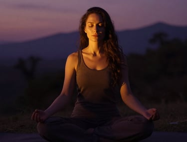 Woman meditating at twilight with face half in light and shadow representing shadow self integration