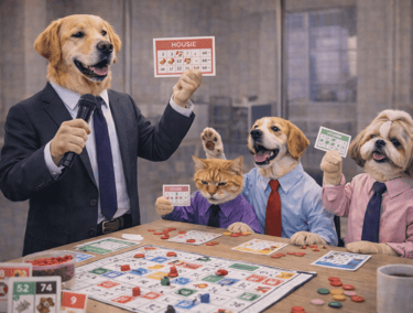 Dogs and a cat wearing suits playing a game of bingo and housie in an office.