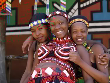 Three Ndebele women wearing traditional South African beaded jewelry and colorful headbands.