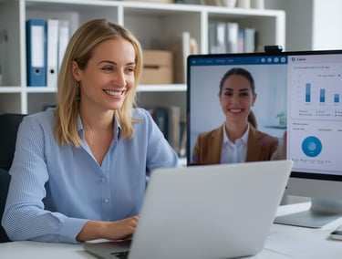 Entrepreneur on video call with VA, monitor showing business metrics
