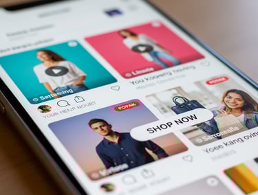 Smartphone screen with vibrant social media feed and "Shop Now" button.