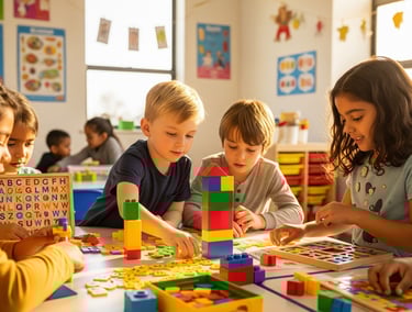 Children engaged in a learning activity with colorful educational materials.