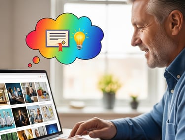 Person happily watching an online course on a laptop with a diploma thought bubble.