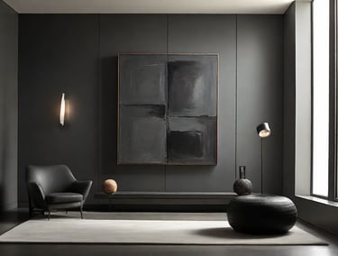 Quadro com moldura de madeira em sala rústica.