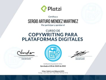 Certificado del Curso de Copywriting para plataformas Digitales
