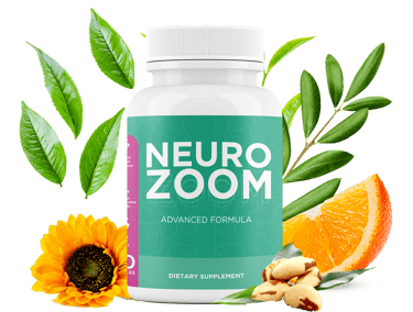 NeuroZoom advanced formula dietary supplement bottle with green leaves, orange slice, and sunflower.