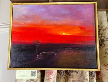 Oil painting of a vibrant sunset over a dark landscape with a lone tree and golden frame.