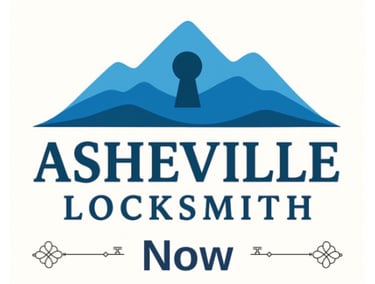 Blue Ridge Mountains logo with key integrated into the mountain design, ' Asheville Locksmith Now' text below, between keys