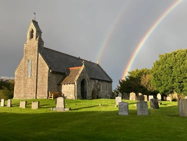 Llanfechan Church, Cilmery with double rainbow 