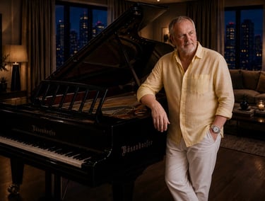 Peter Pickering, producer with Sessions on the Green stands next to Bosendorfer grand piano.