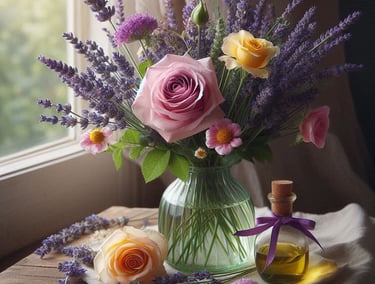lavender, rose and mimulus in a vase, beside a window