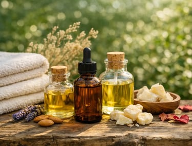 Óleos essenciais naturais, manteiga de karité e lavanda para cuidados orgânicos com a pele.
