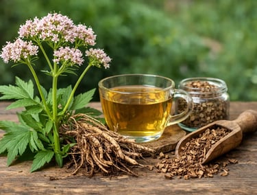 Raiz fresca de valeriana e flores rosas ao lado de uma xícara de chá de ervas sobre uma mesa rústica