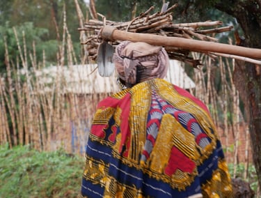 a woman carrying a large pile of sticks and sticks