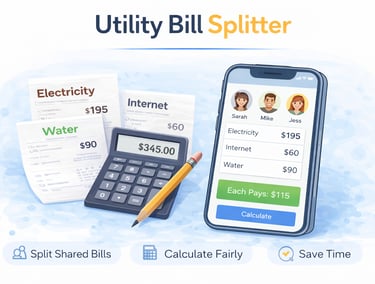 Utility bill split calculator showing electricity, water, and internet costs divided fairly between multiple people 