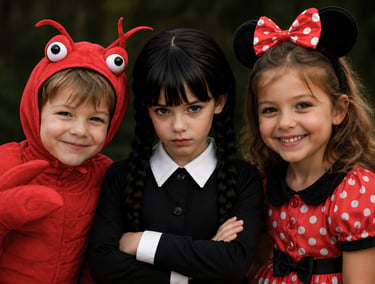 Three children dressed as a lobster, Wednesday Addams and Minnie Mouse