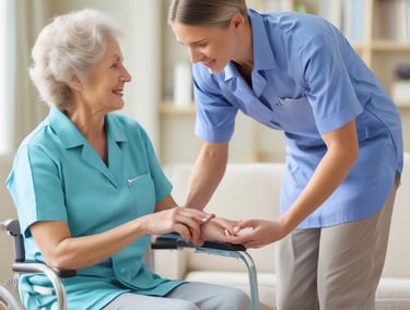 A woman in a white coat kneels beside a couch, attending to a baby held by another woman. A young girl watches the scene. A decorated Christmas tree is visible in the background, adding a festive touch to the cozy living room setting.