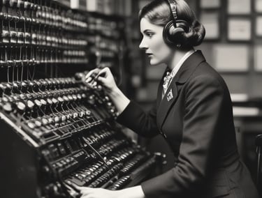 A small, white humanoid robot with blue accents, including eyes, mouth, and a circular badge with the letters 'AI' on its chest, is positioned in front of a blue laptop on a metallic surface. The robot has a simple, smooth design with two cylindrical arms and a small antenna on top.