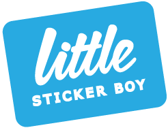 Little Sticker Boy White Lettering Logo on a Blue Rectangle