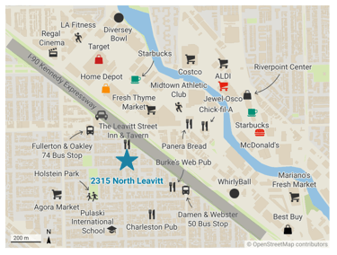 Nearby points of interest including restaurants, shopping and transit near 2315 North Leavitt.