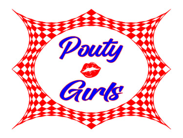 Pouty Girls logo featuring blue cursive text and red lips inside a red checkered diamond frame.