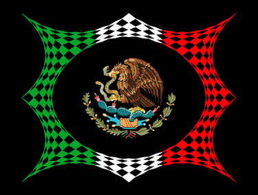 Geometric Mexican flag art with a golden eagle and snake emblem in a checkered frame.