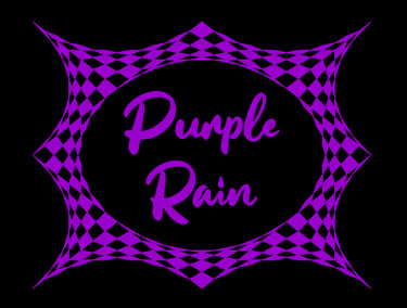 Purple Rain text in a script font centered within a purple and black checkered geometric frame on a black background.