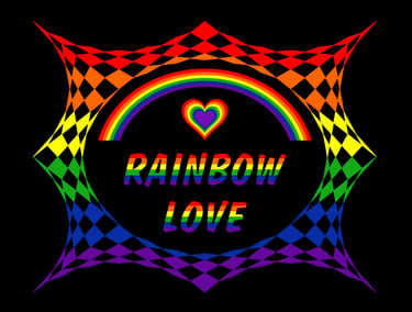 Vibrant rainbow love graphic with a colorful heart, arch, and checkered border on a black background.