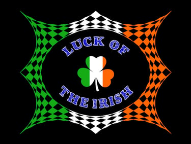 Luck of the Irish graphic featuring a shamrock with Ireland flag colors on a checkered background.