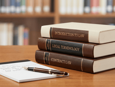 Stack of law books on contract law and legal terminology with a fountain pen and notepad in a library.