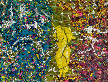 Vibrant abstract oil painting featuring textured splashes of blue, yellow, and magenta with white patterns.