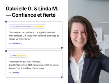 Femme souriante à côté des témoignages de clients pour des programmes de formation