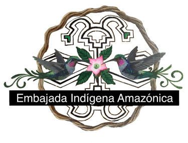 Embajada Indigena Amazonica logo featuring two hummingbirds, a pink flower, and indigenous geometric patterns.