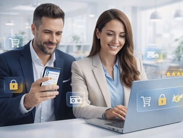 a man and woman looking at their phones