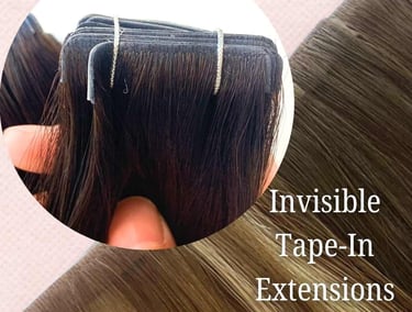 Professional invisible tape-in human hair extensions in a natural dark brown shade.