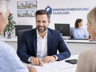 Professional real estate agent consulting a couple at Immobilienberatung Saarland office.