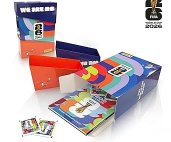 Official FIFA World Cup 2026 Panini sticker album and trading card starter pack with colorful booster boxes.