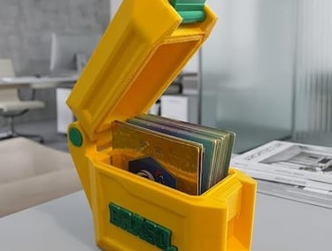 3D printed yellow and green trading card storage box with Brasil text containing collectibles.