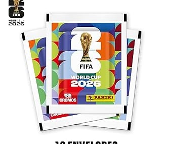 Pack of 12 FIFA World Cup 2026 Panini sticker envelopes featuring the official trophy logo.