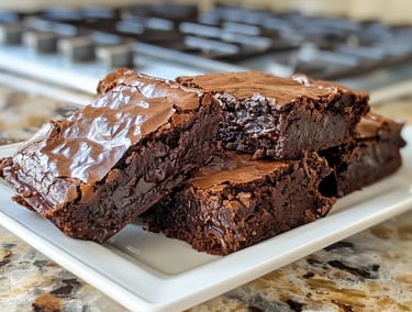 A stack of moist, fudgy chocolate brownies with crackly tops on a white rectangular plate.